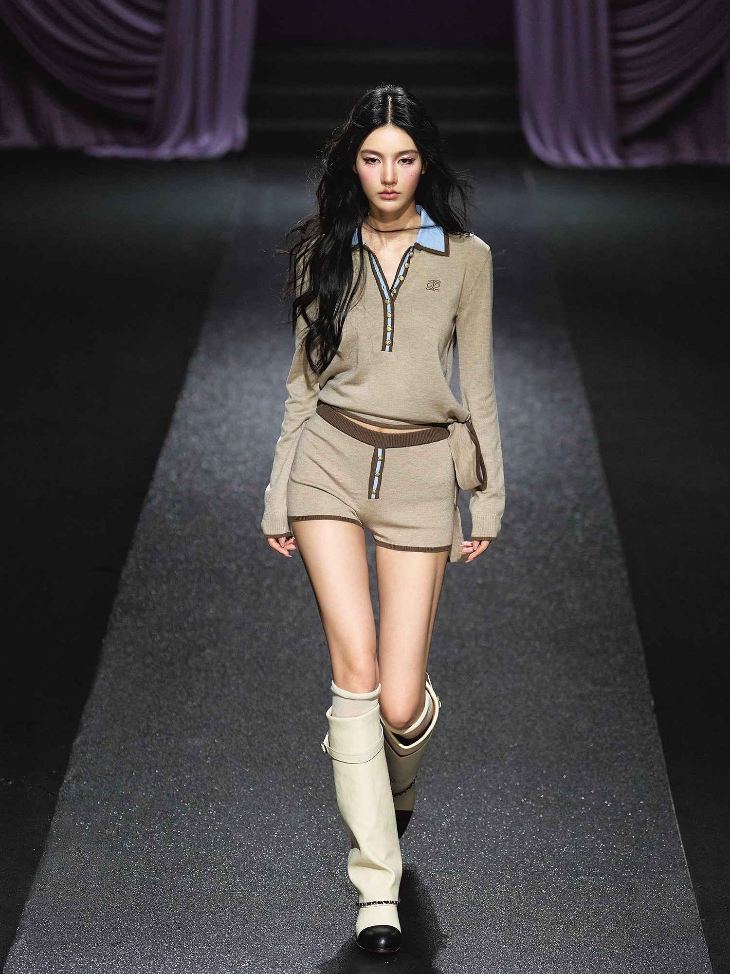 Contrast Tie-Neck Polo Knit Set