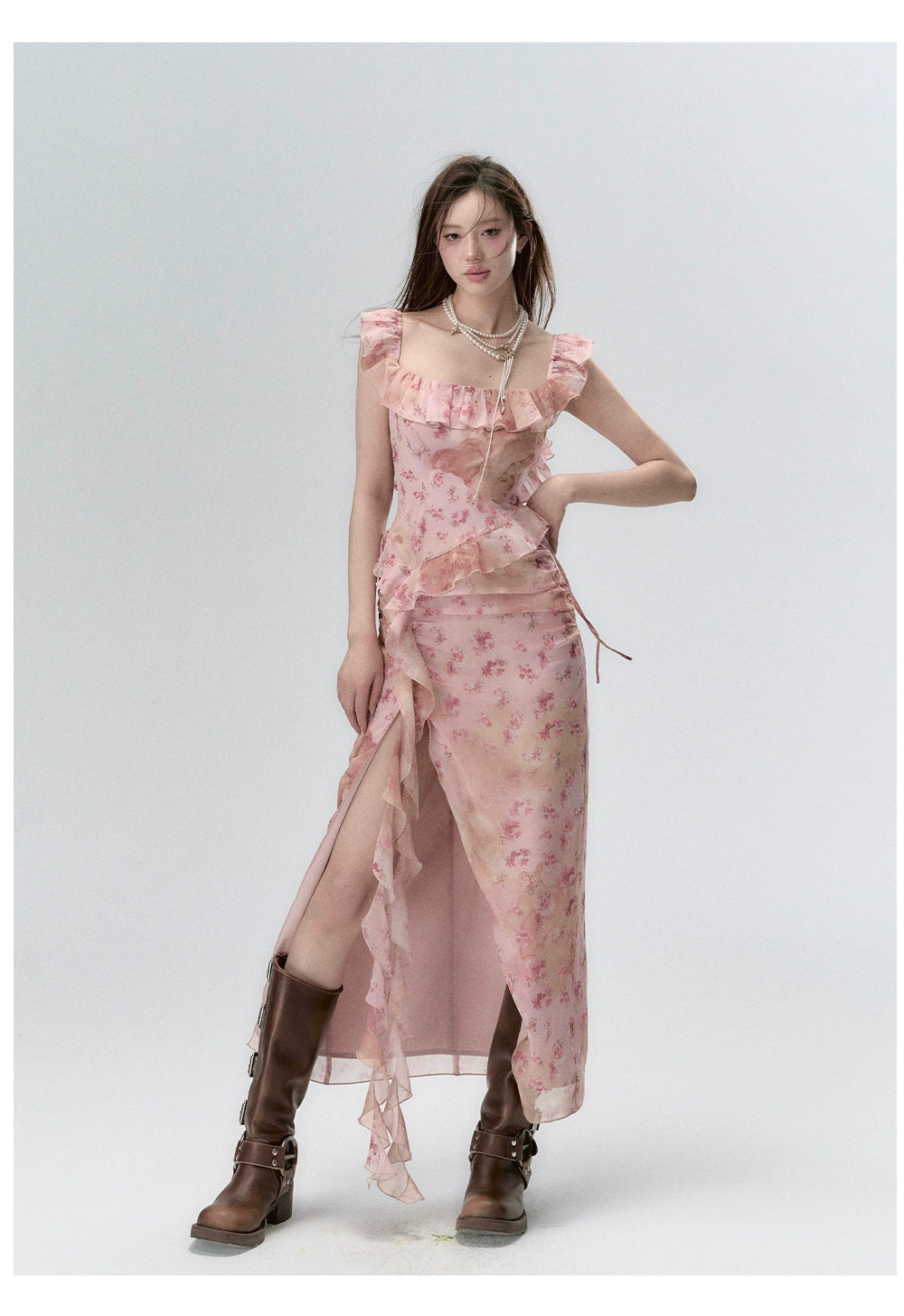 Distressed Floral Split Midi Dress - CHINASQUAD