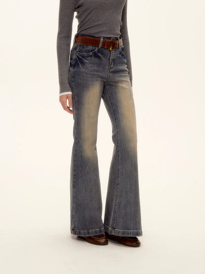 Textured Washed Flared Stretch Denim Pants