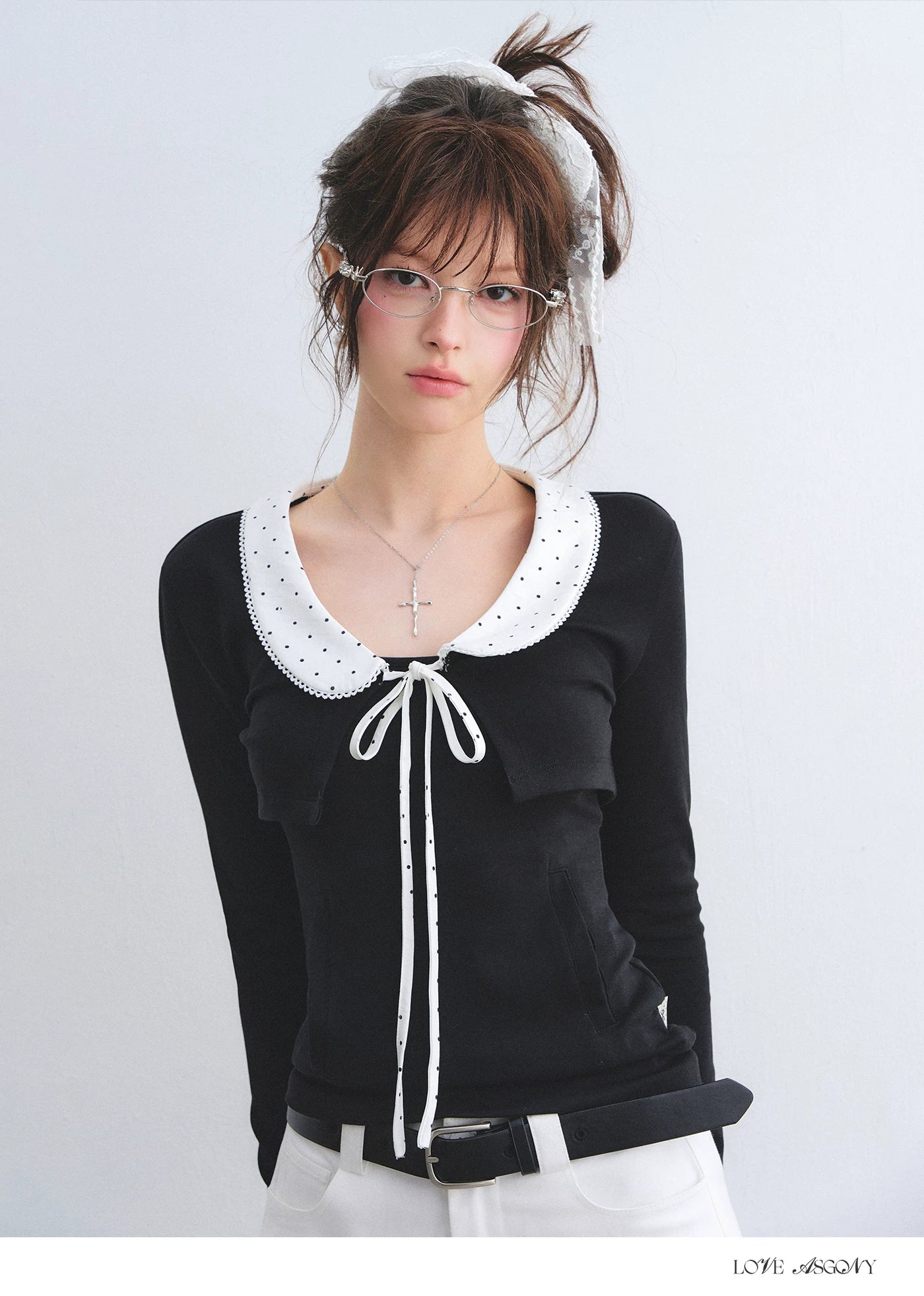 Polka Dot Lace Collar Long Sleeve Cardigan &amp; Cami Two-Piece Set