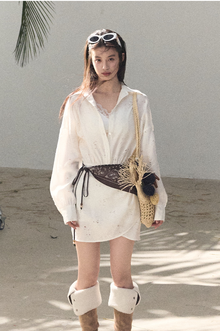 Waist-Cinched Long-Sleeve Shirt Dress