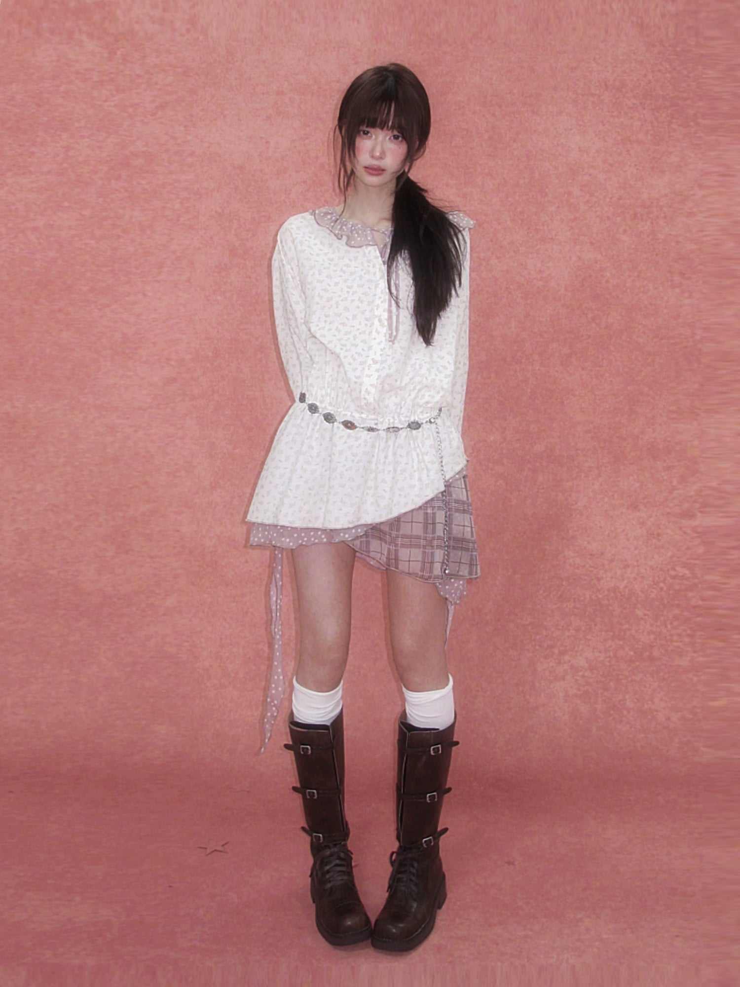 Deconstructed Patchwork Waist-Cinched Shirt Dress