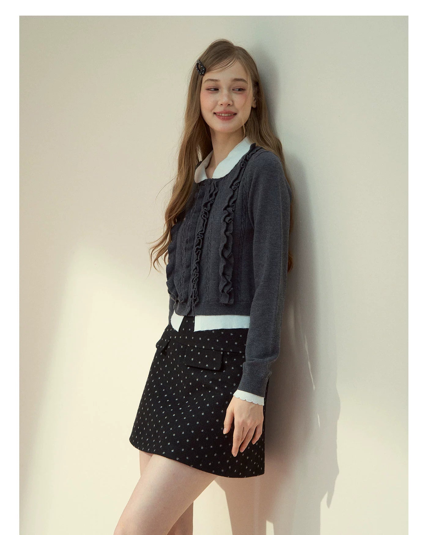Grey Ruffle Collar Knit Cardigan