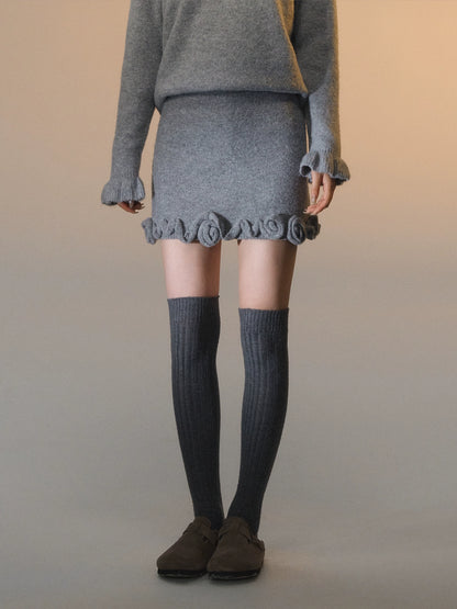 3D Rose V-Neck Knit Sweater &amp; A-Line Knit Skirt Set