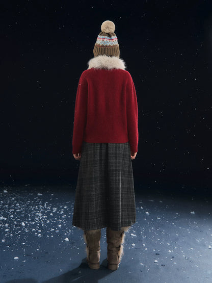 Detachable Fur Collar Ribbed Cardigan