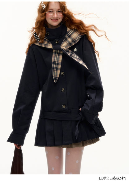 Detachable Bunny-Ear Pleated Trench Coat
