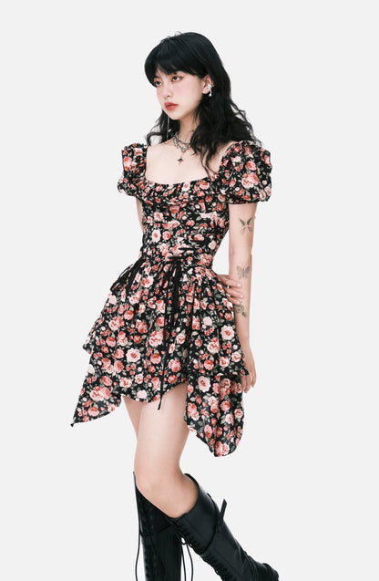 Sexy Waist-cinching Irregular Floral Dress