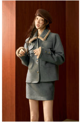 Gray Wool Velvet Jacket & Skirt Set - CHINASQUAD