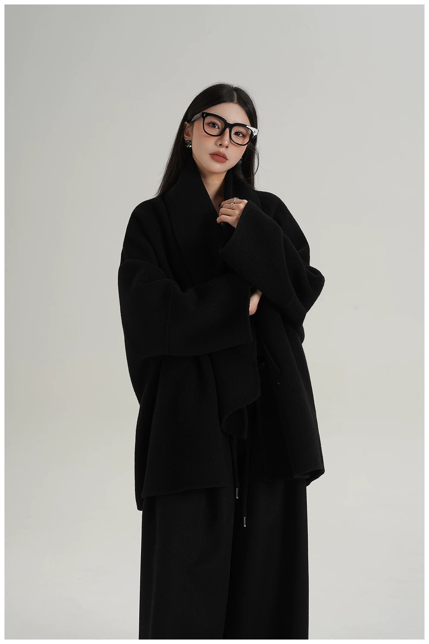 Scarf-Detail Mid-Length Wool Jacket