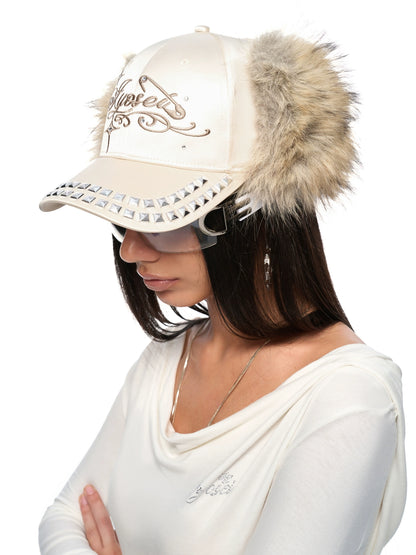 Rhinestone Ear-Flap Furry Baseball Cap