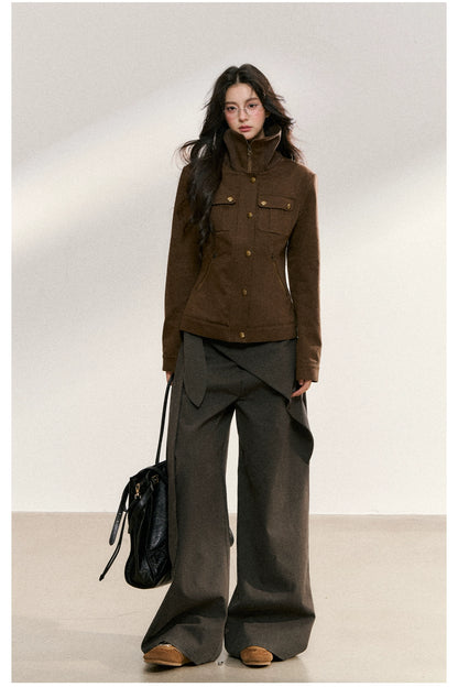 Vintage Suede Stand-Collar Fitted Jacket