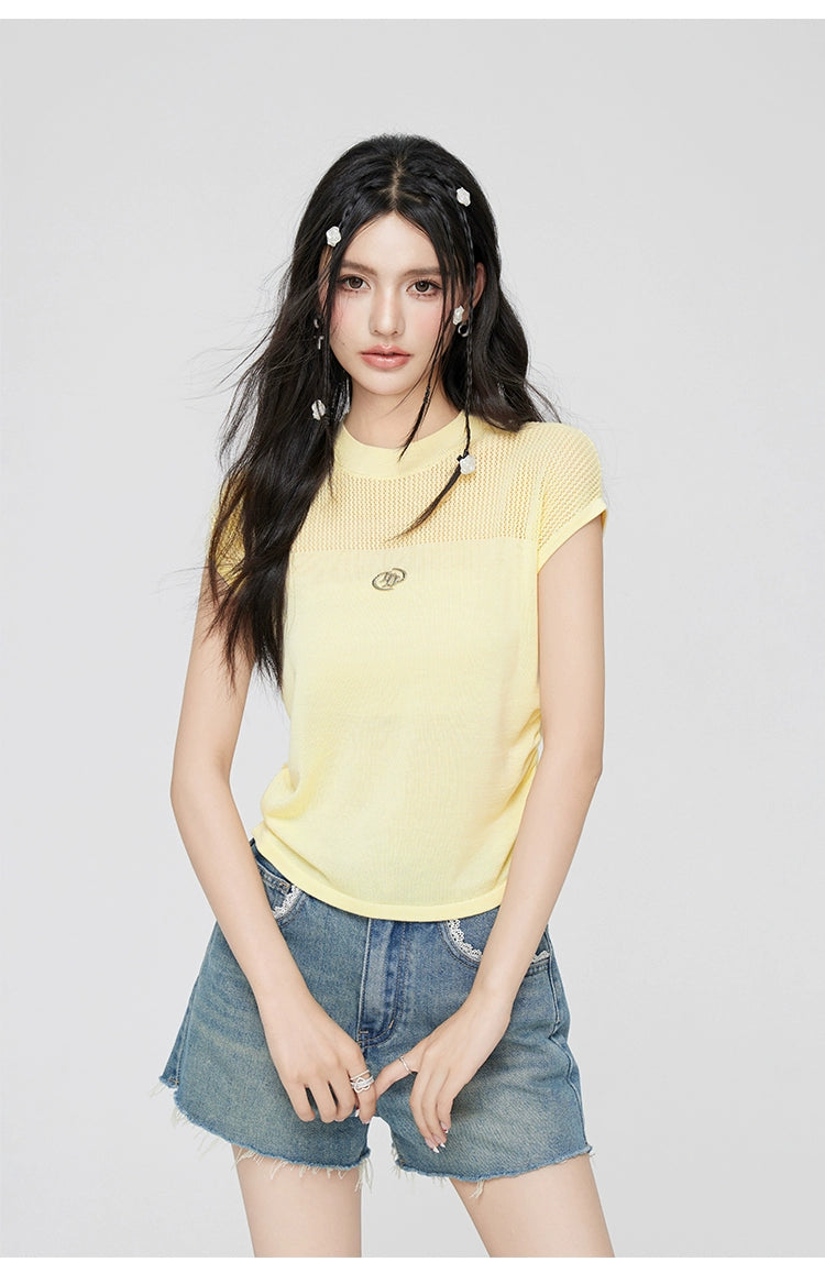 Yellow &amp; Black Hollow Ruffled Knitted T-shirt - CHINASQUAD