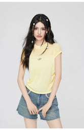 Yellow & Black Hollow Ruffled Knitted T-shirt - CHINASQUAD