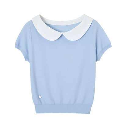 Peter Pan Collar Contrast Knit Short Sleeve Top