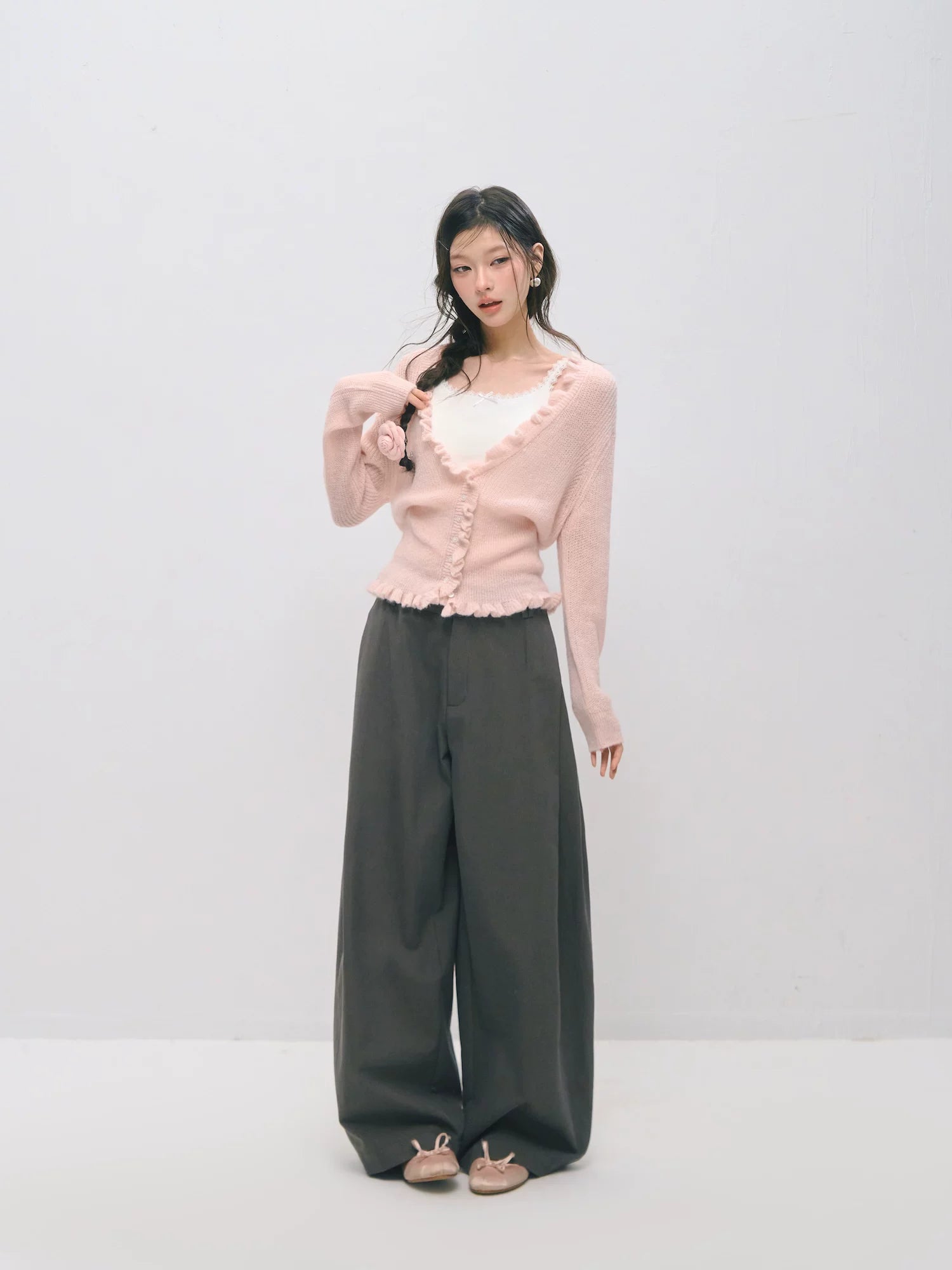 Deep V-Neck Ruffle Waist Cardigan