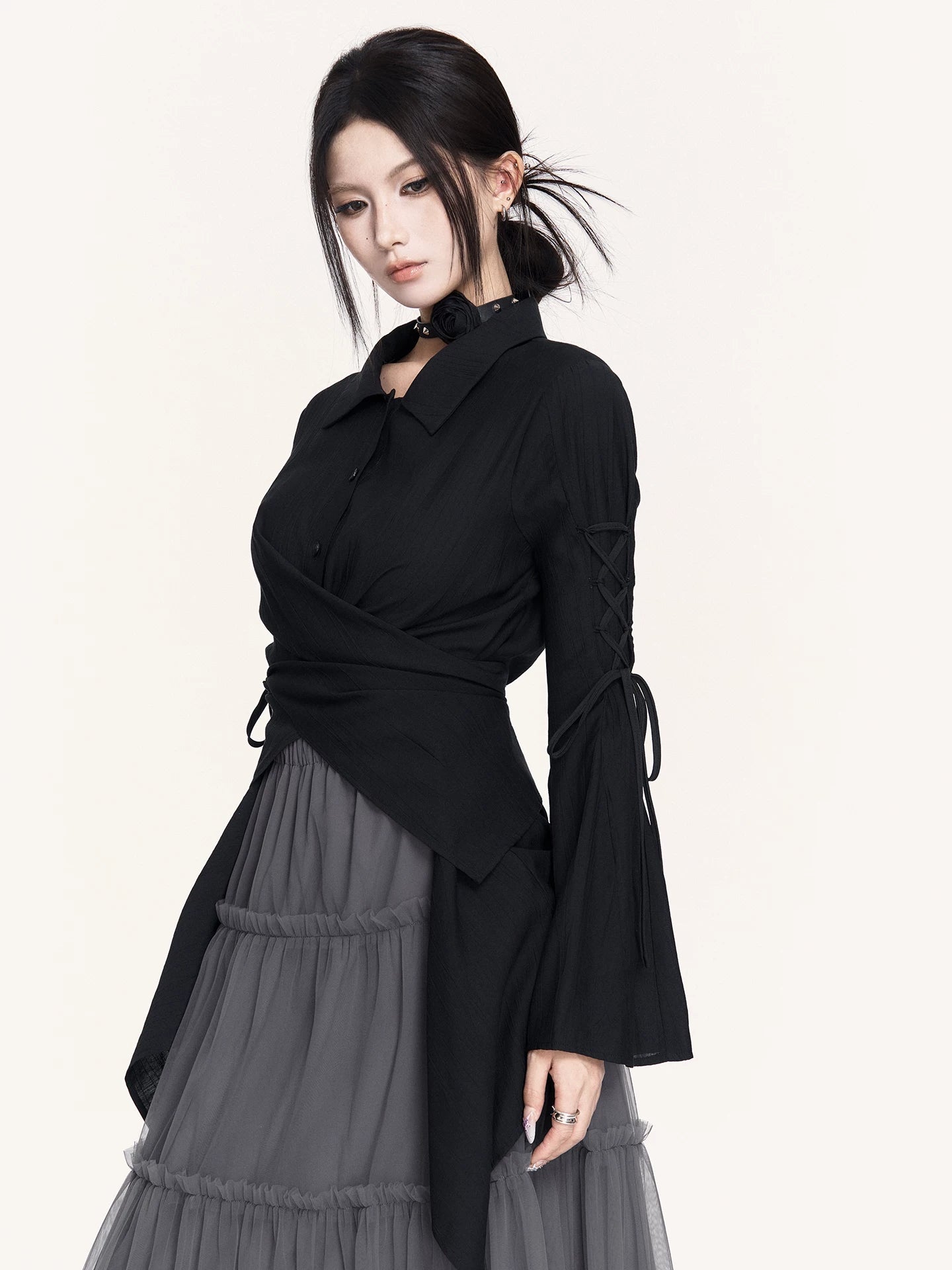 Lace-Up Flared Sleeve Slim-Fit Shirt