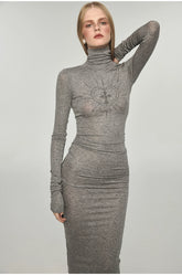 Rhinestone High Neck Long Sleeve Dress - CHINASQUAD