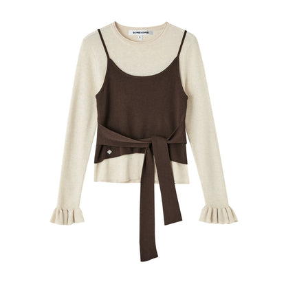 Faux Two-Piece Contrast Tie Sweater