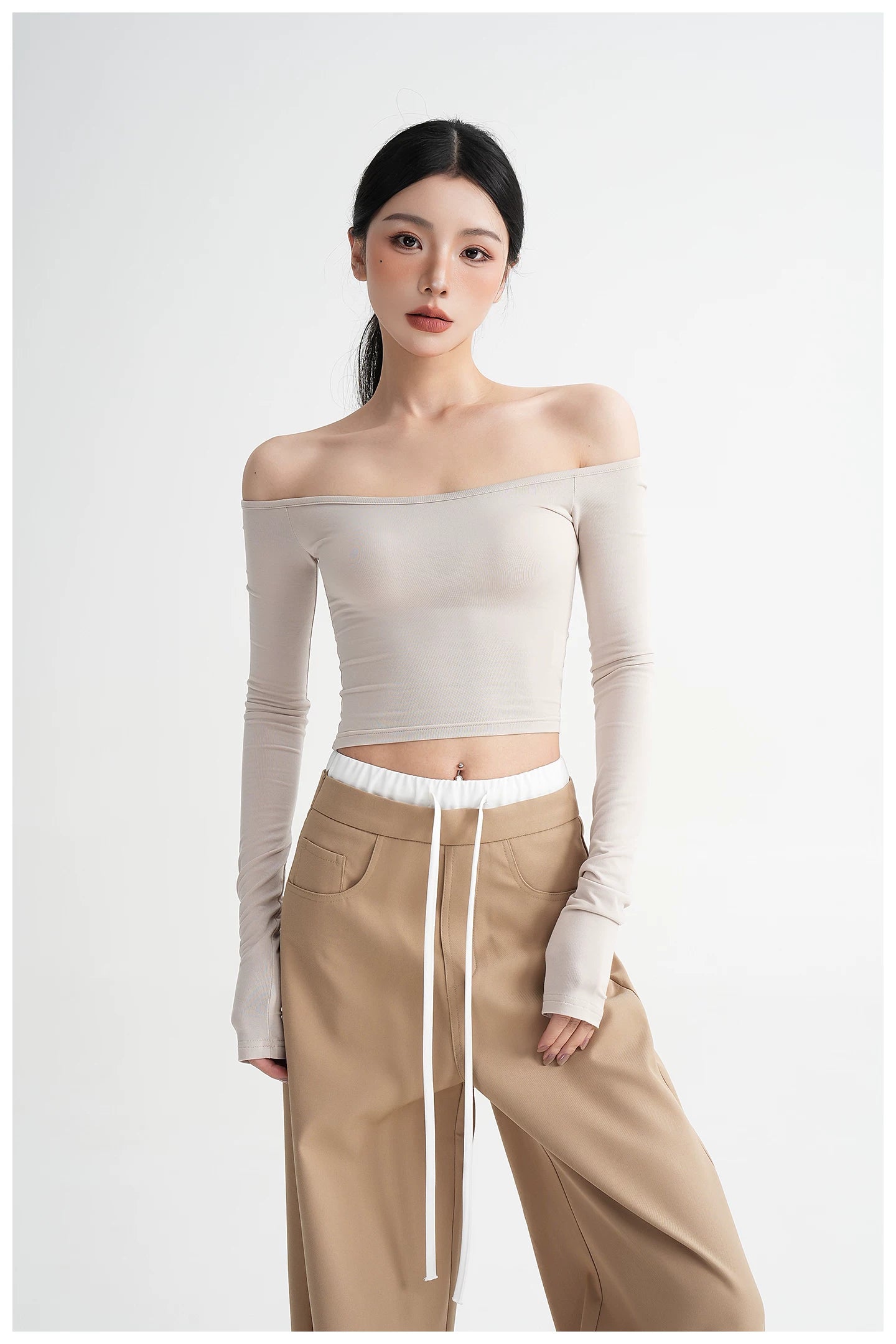 Off-Shoulder Cropped Fitted Long Sleeve T-Shirt