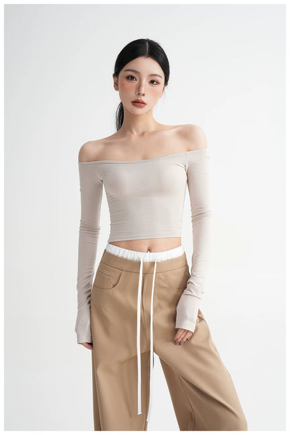 Off-Shoulder Cropped Fitted Long Sleeve T-Shirt