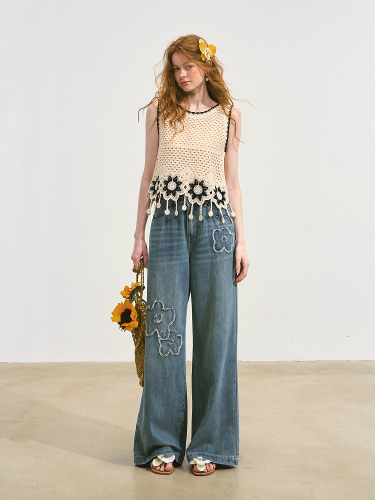 Sleeveless Fringe Flower Crochet Vest