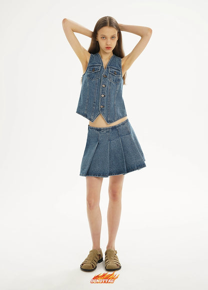 Dark Blue &amp; Light Blue Denim Pleated Skirt - CHINASQUAD