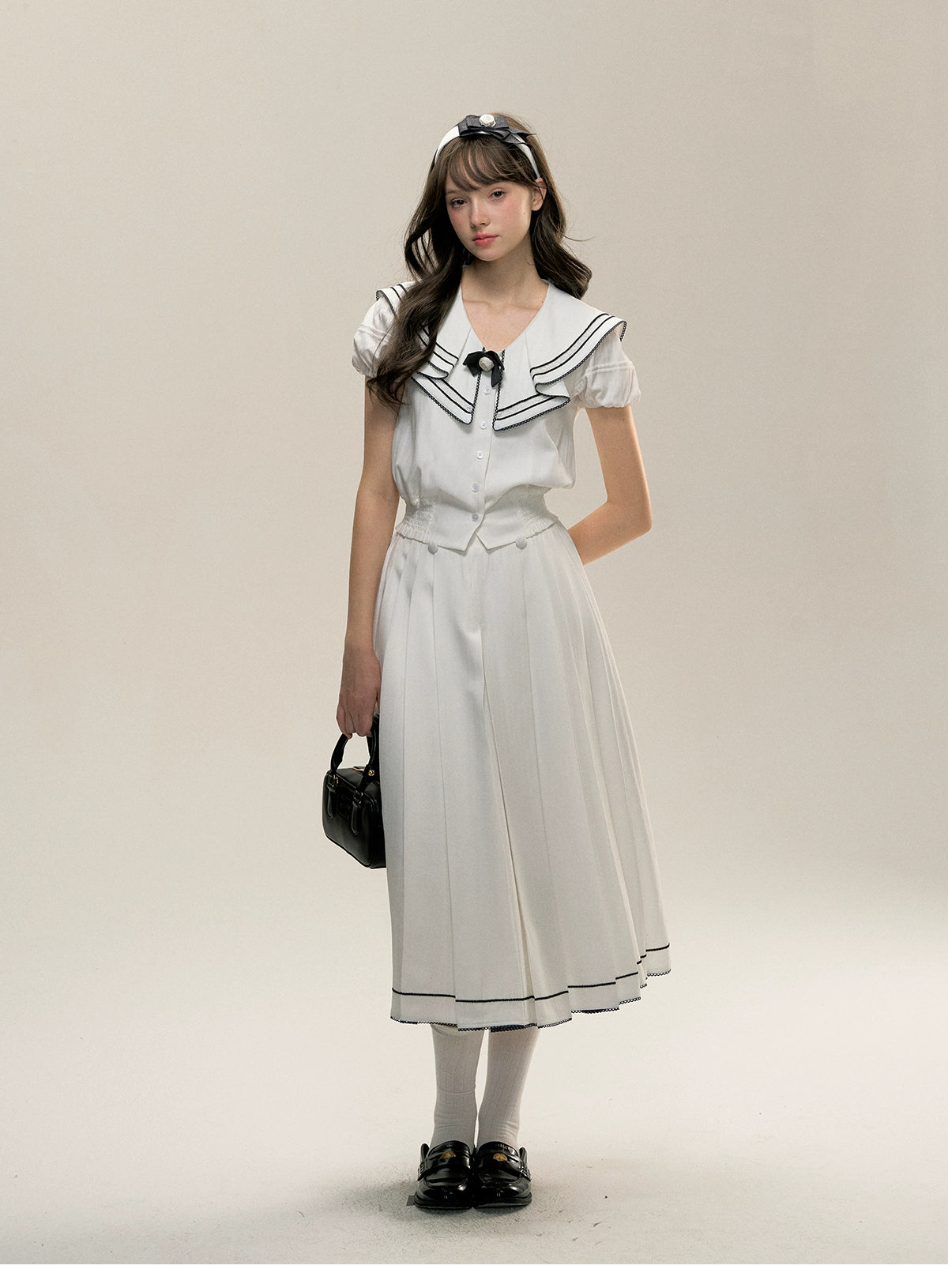 White Sweet Nautical-style Shirt &amp; Skirt Set