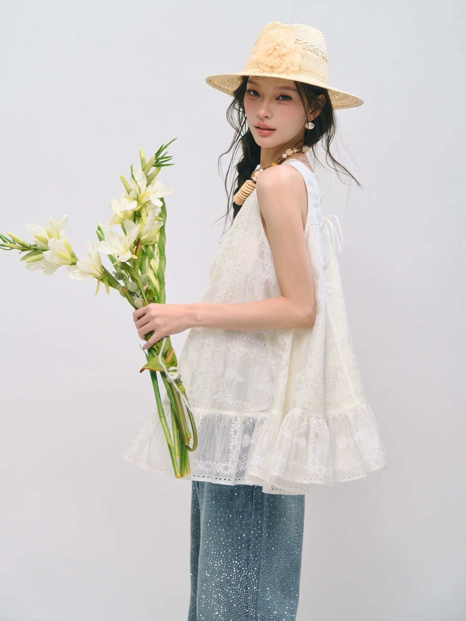 Embroidered Ruffle Trim Sleeveless Dress