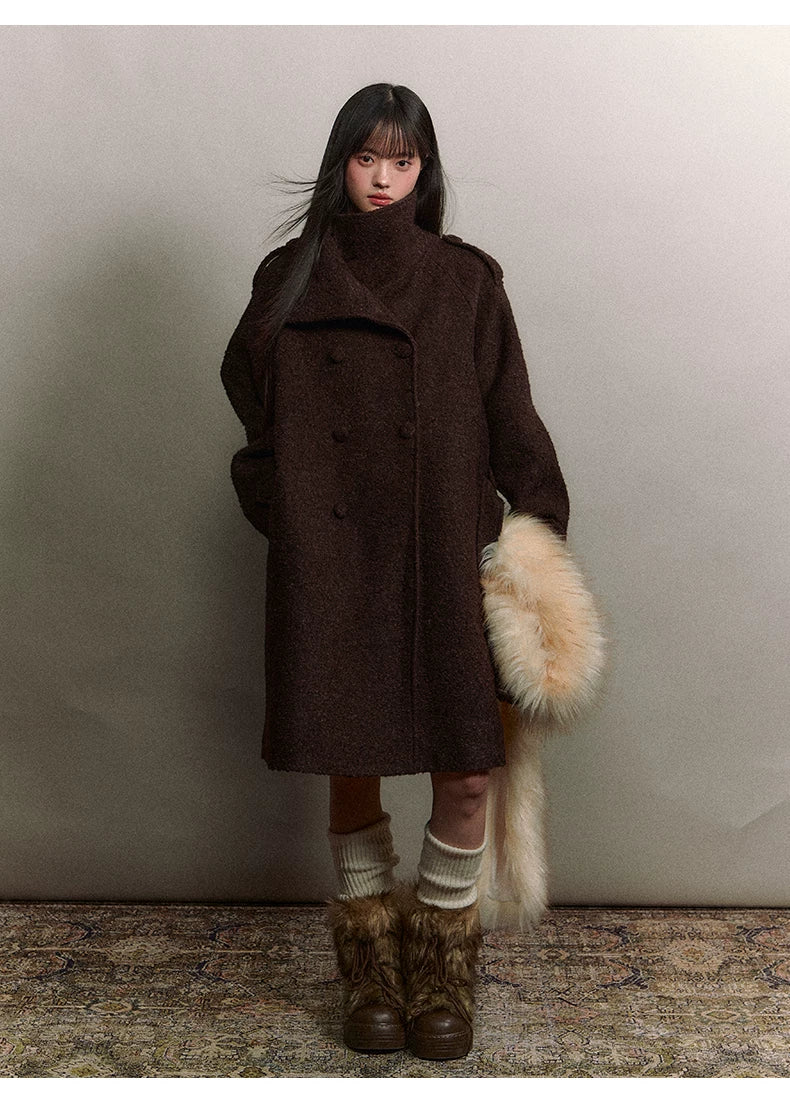 Stand-Collar Bouclé Wool Long Coat