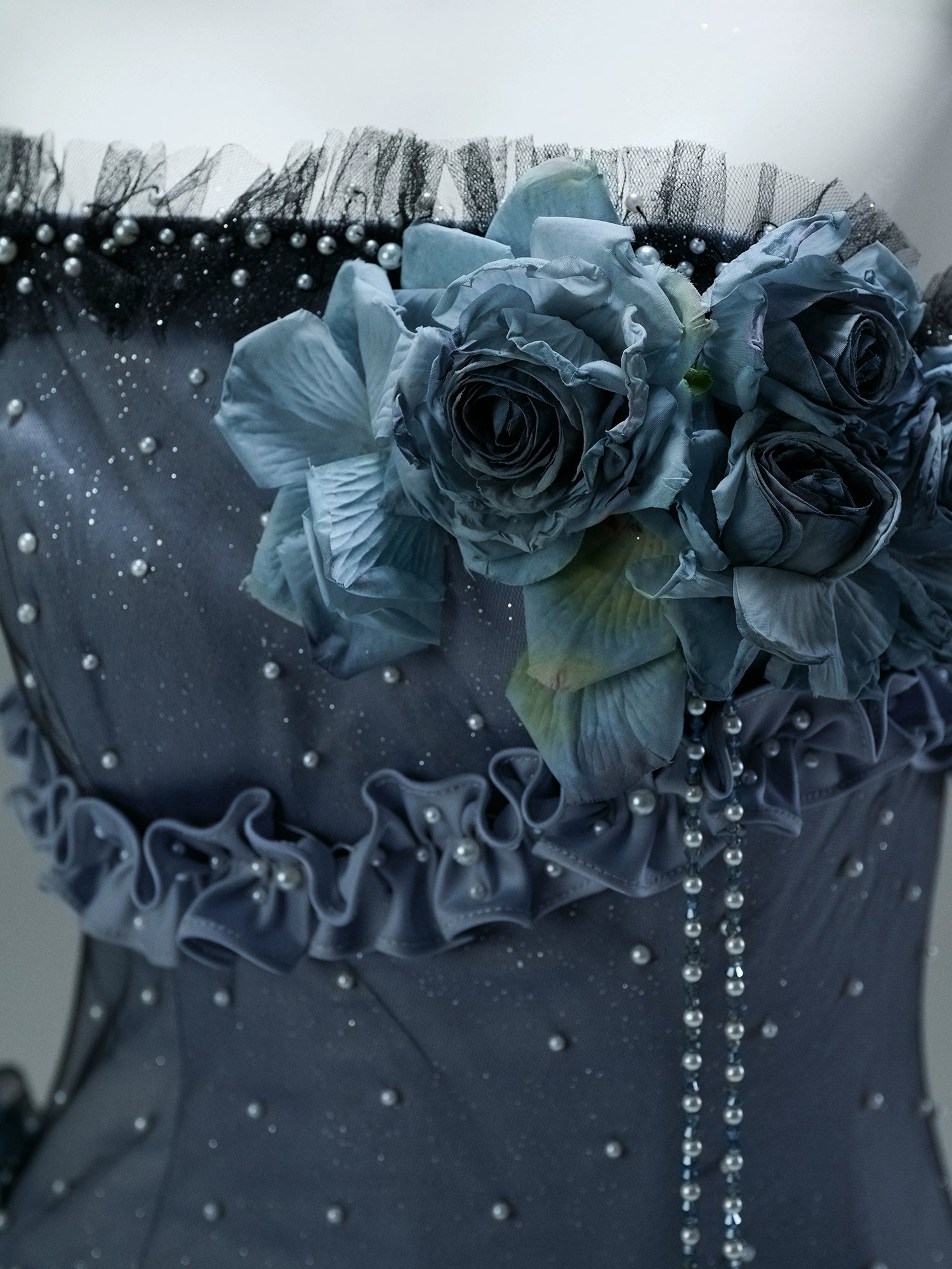 Nightscape Ruffled Tulle Gown with Floral Embellishments