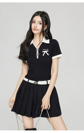 Black & Gray Contrast Polo Collar Mini Dress - CHINASQUAD