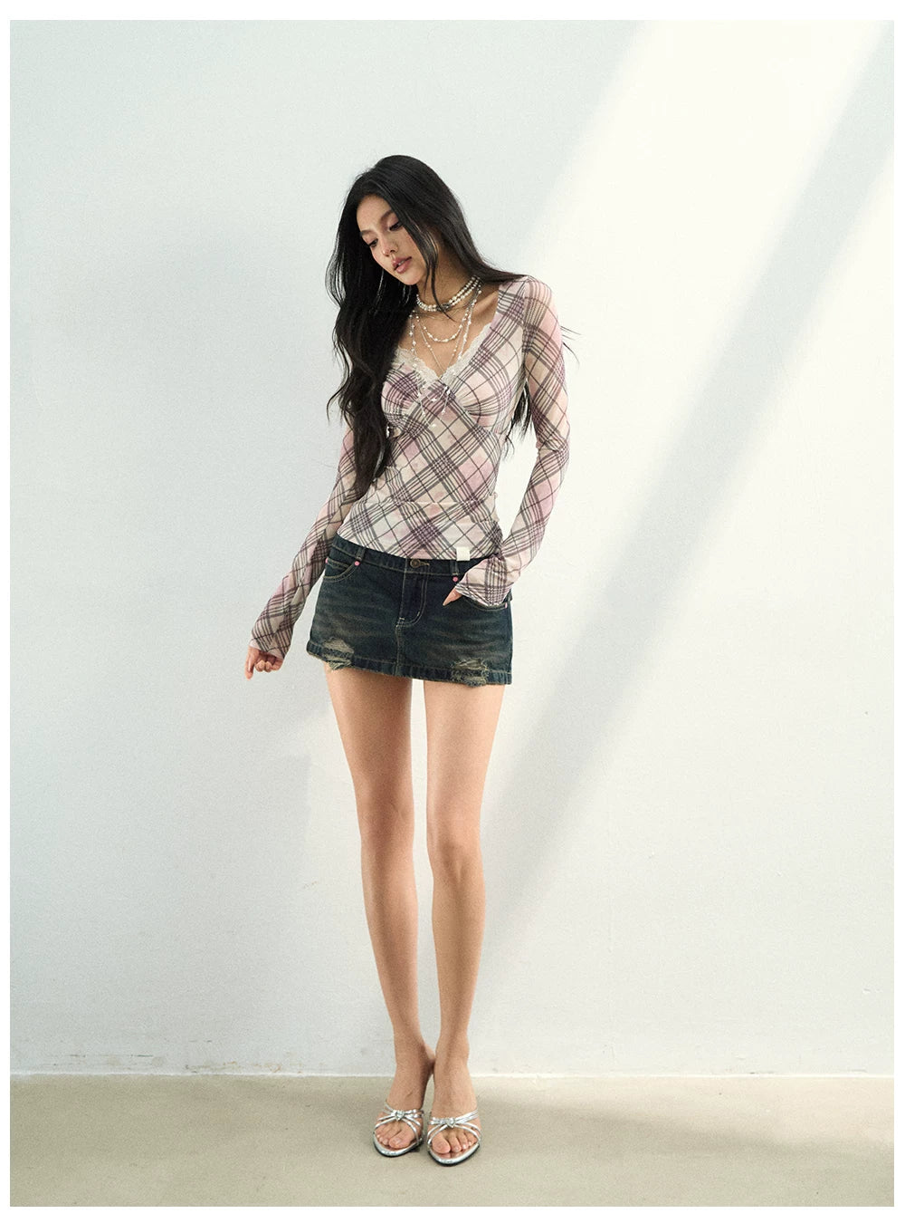 Plaid Lace Trim Mesh Long Sleeve Top