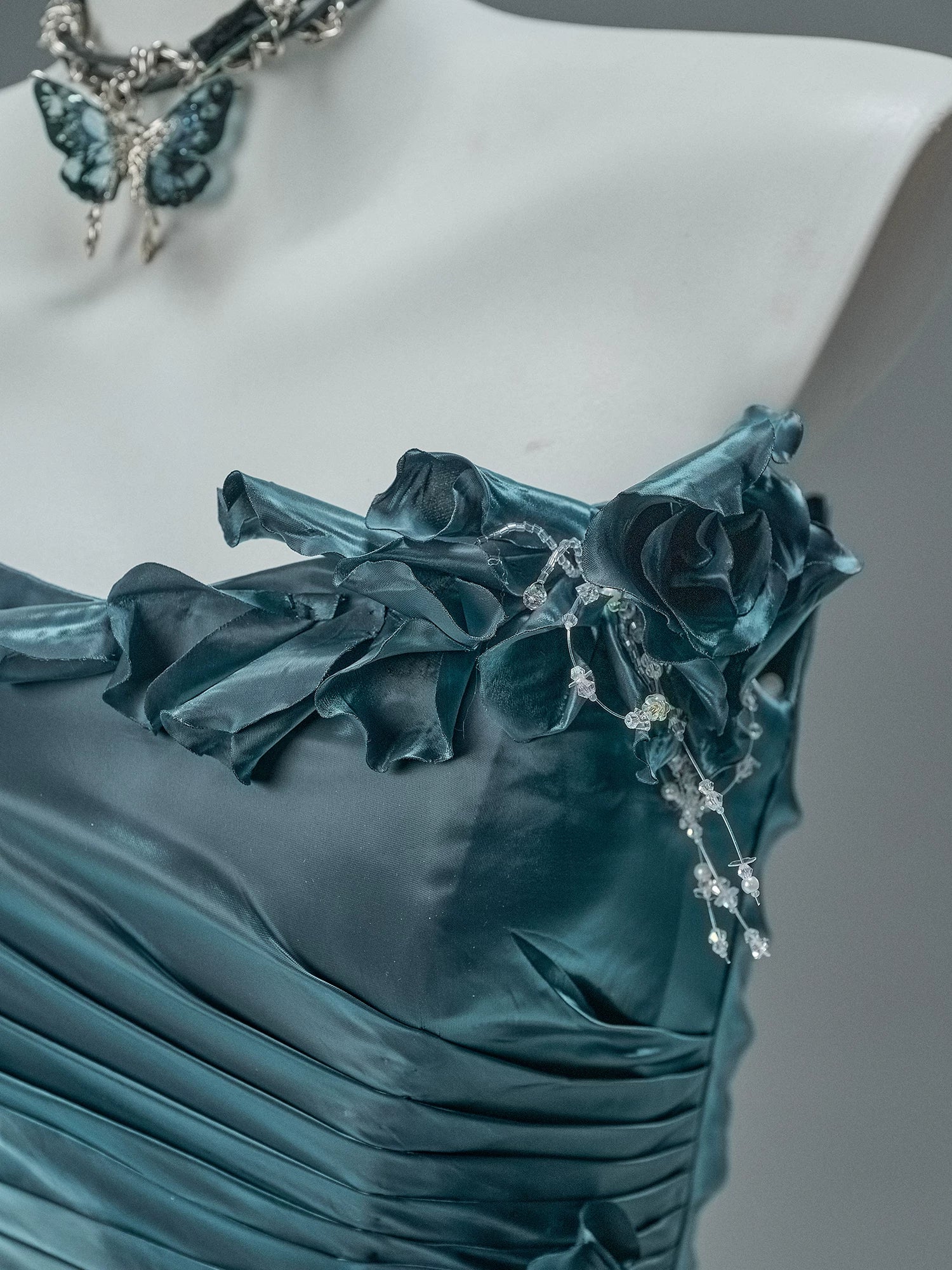 Bengi Midnight Teal Tiered Couture Gown