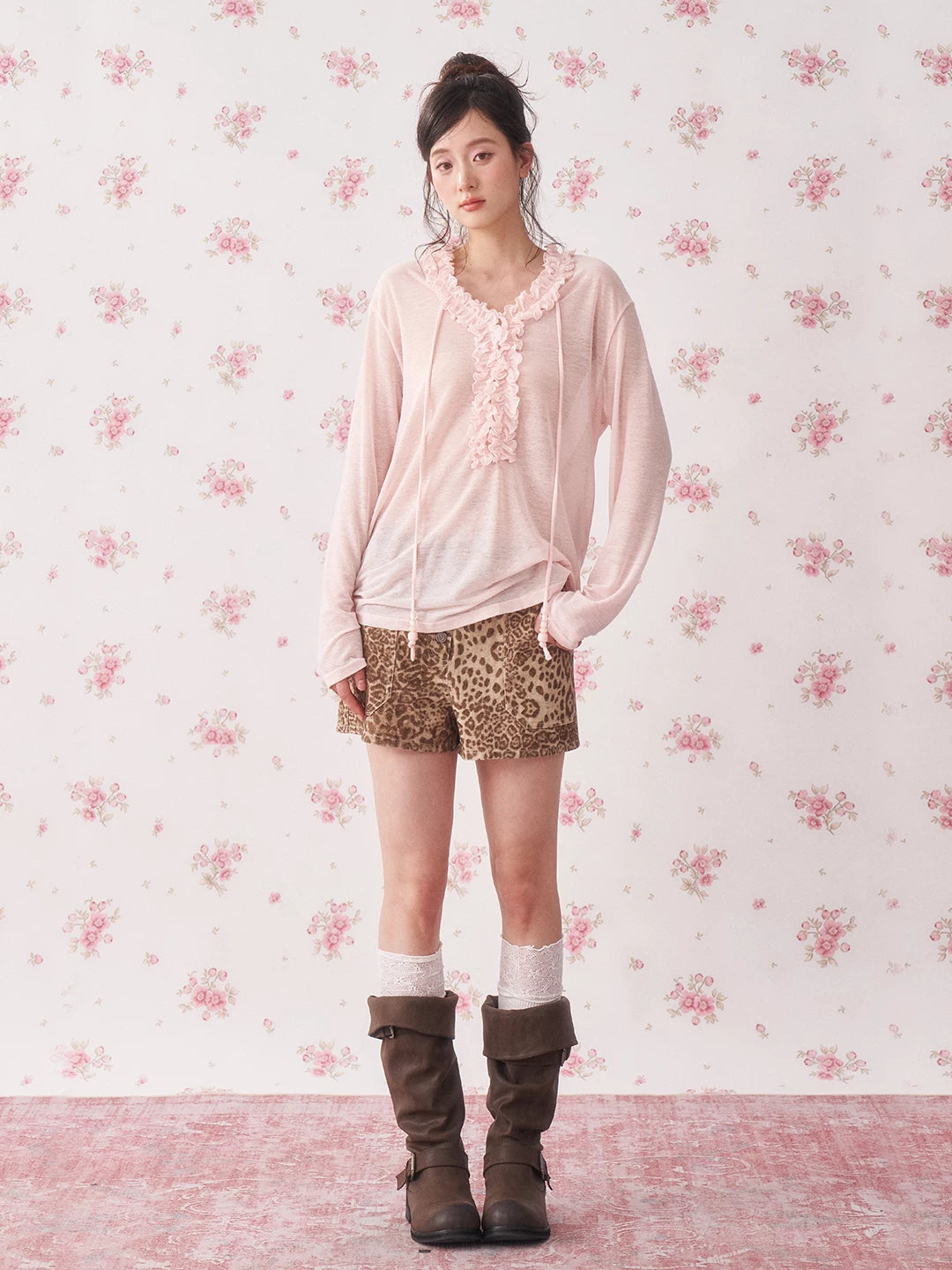 Ruffle Drawstring Sheer Knit Sun-Protective Long Sleeve Top