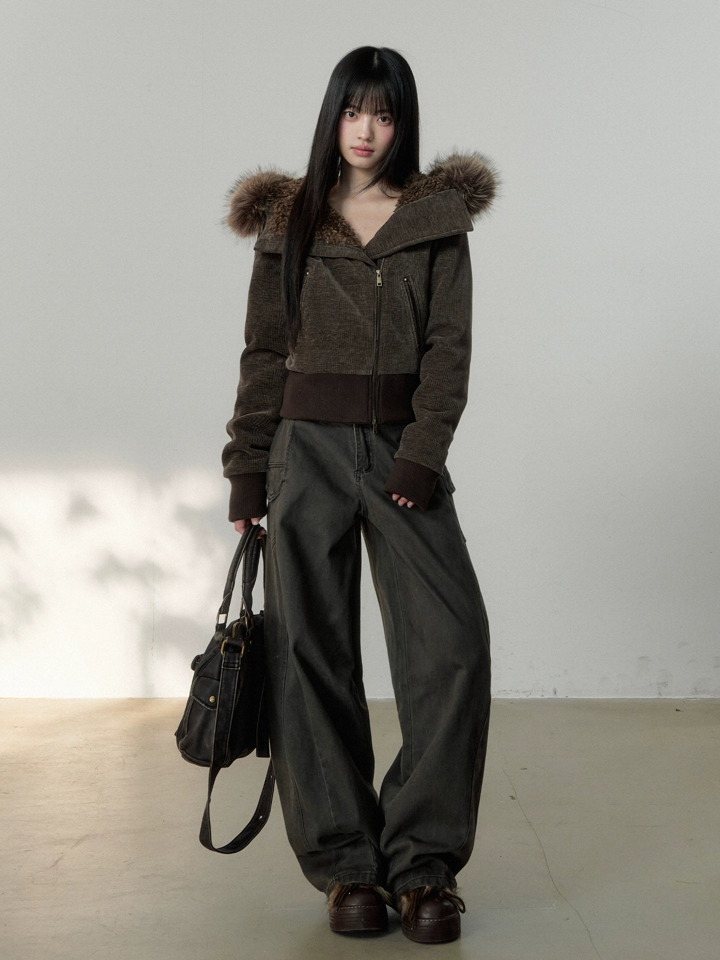 Vintage-Wash Curved Wide-Leg Pants