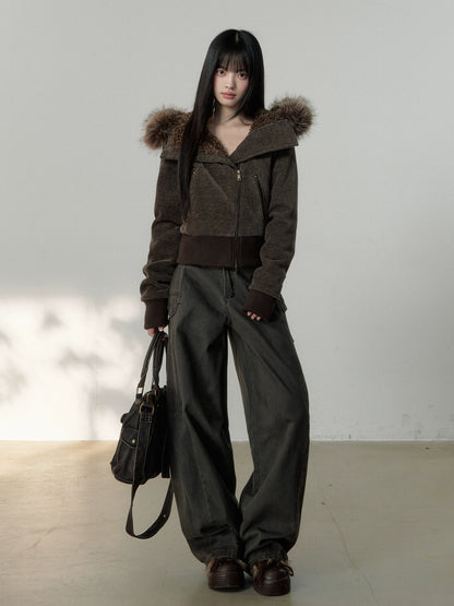 Vintage-Wash Curved Wide-Leg Pants