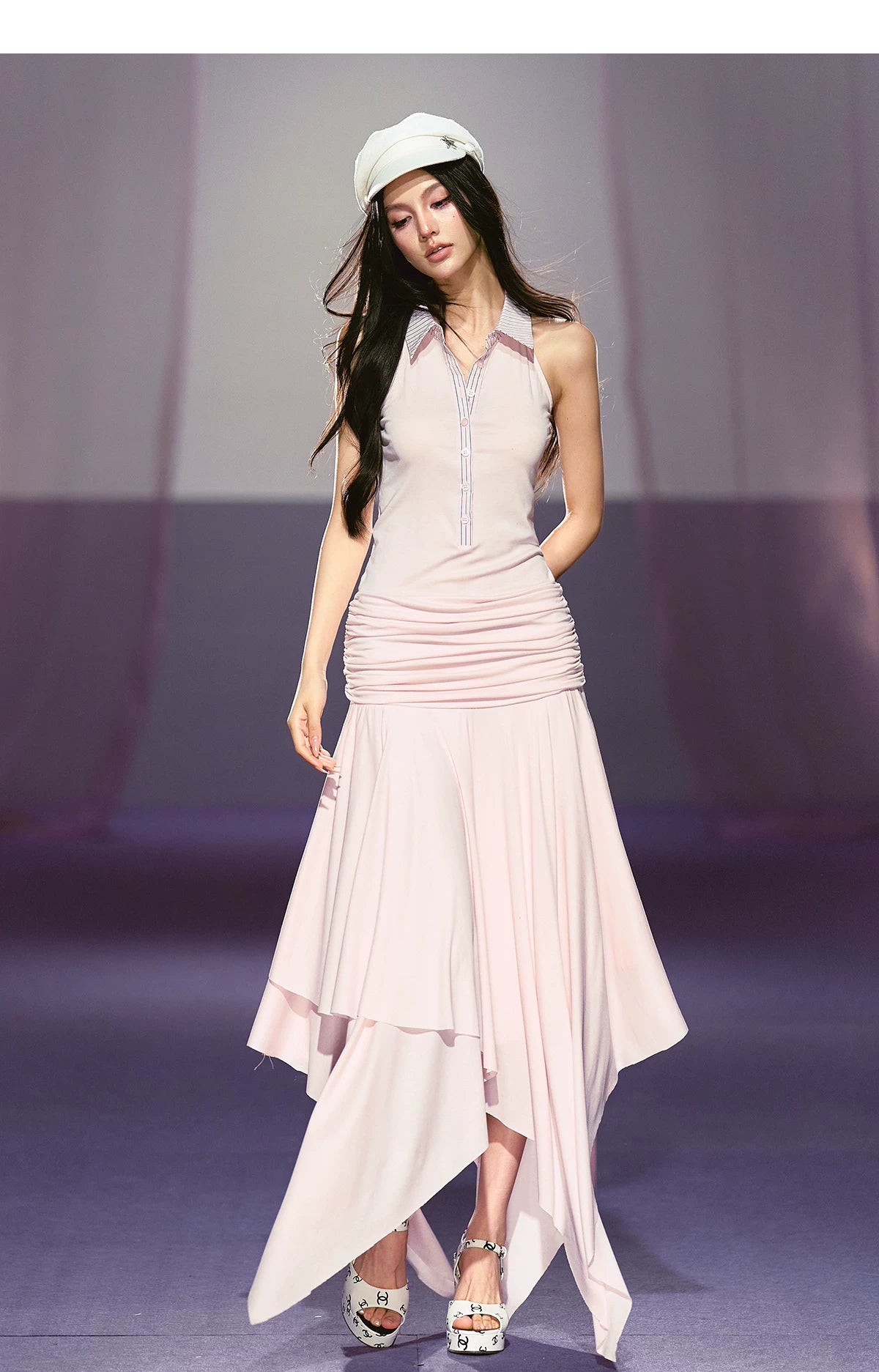 Vintage-Inspired Irregular Hem Shirt-Collar Sleeveless Maxi Dress