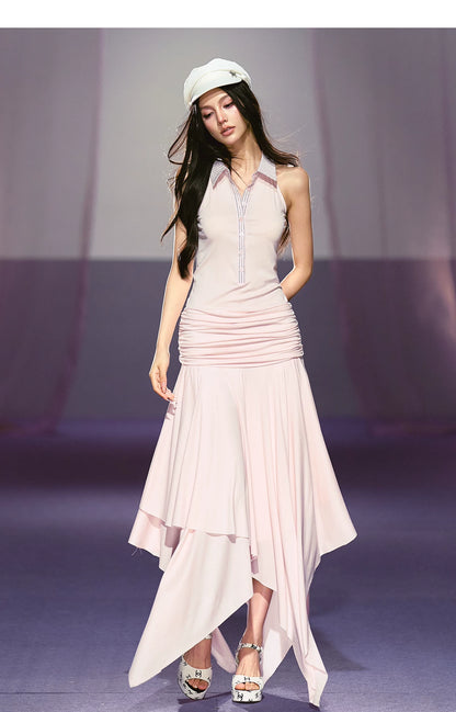 Vintage-Inspired Irregular Hem Shirt-Collar Sleeveless Maxi Dress