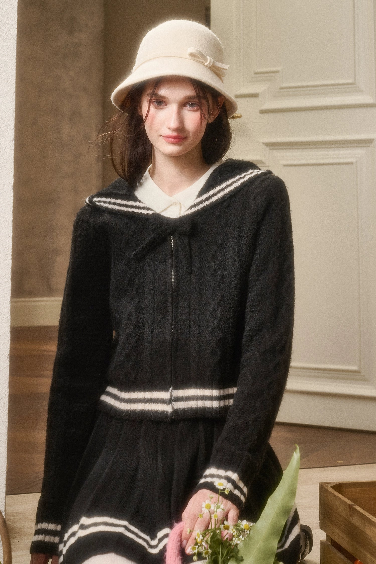 Memo Wool Cloud Knit Cardigan &amp; Pleated Skirt Set