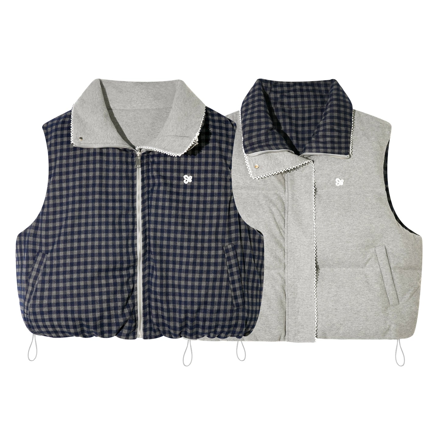 Reversible Plaid Lace-Trim Padded Vest