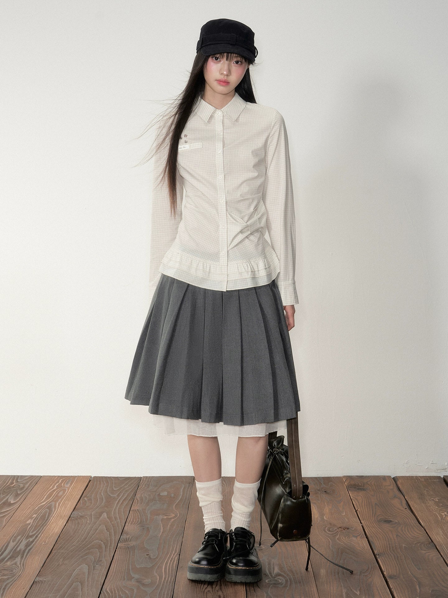 Retro Checkered Bow-Trimmed Shirt
