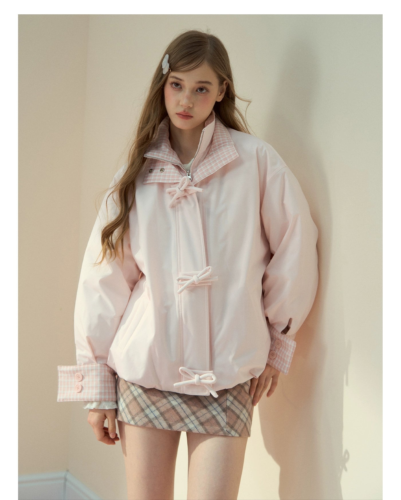 Pink Bow Check Down Jacket