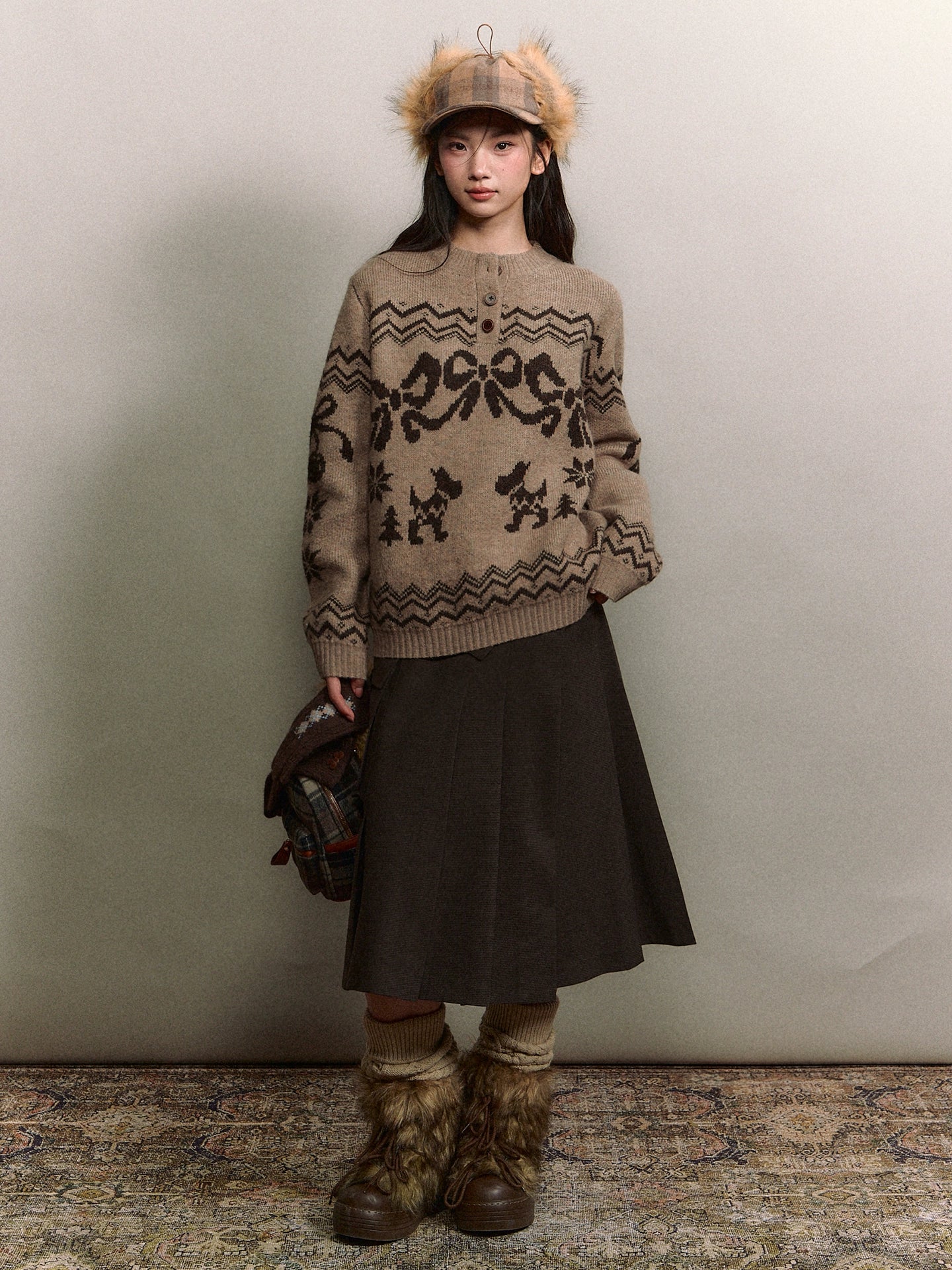 Fair Isle Bow Knit Henley Crewneck