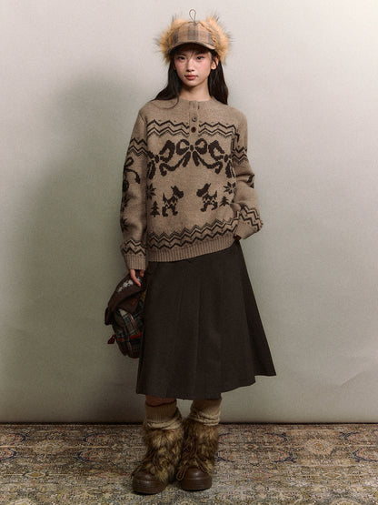Fair Isle Bow Knit Henley Crewneck