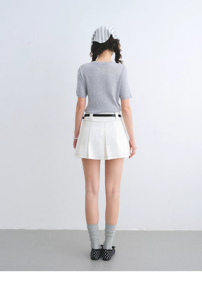 High-Waisted Washed Denim Pleated Mini Skirt