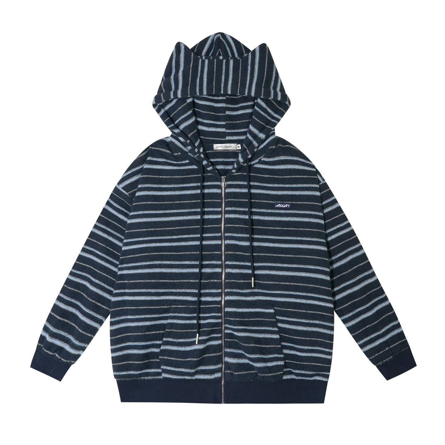 Striped Plush Cat-Ear Zip-up Hoodie