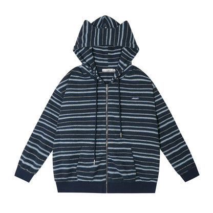 Striped Plush Cat-Ear Zip-up Hoodie
