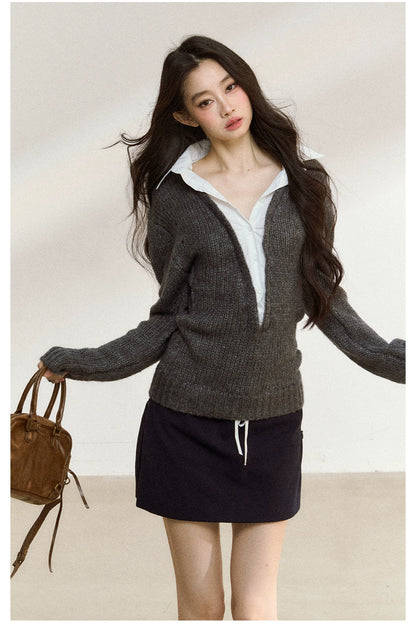 Gray Wool-Blend Layered Knit V-neck