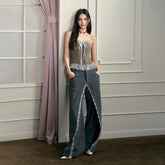 Gray Lace Panel Wide-Leg Pants - CHINASQUAD