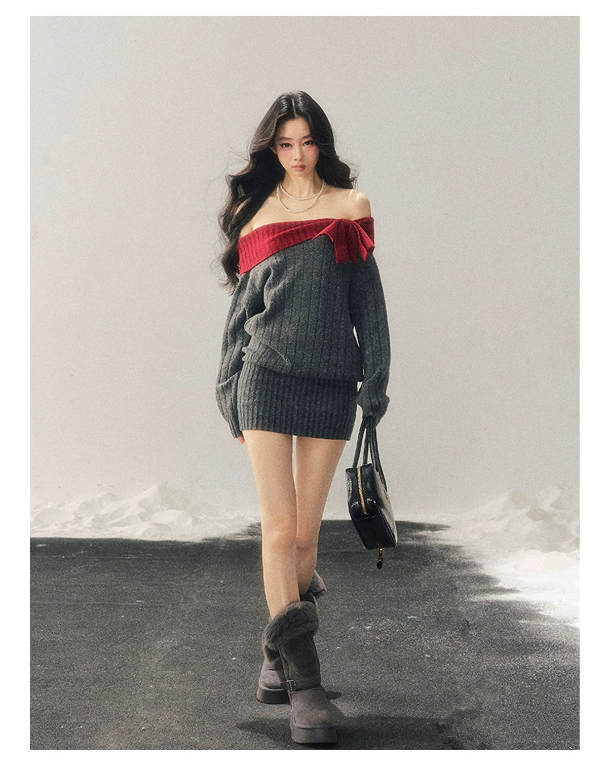 Off-Shoulder American-Style Knit Mini Dress